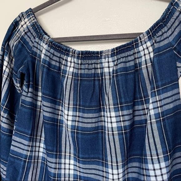 Anthropologie Cloth & Stone Blue Plaid Off The Shoulder Top - Picture 4 of 7